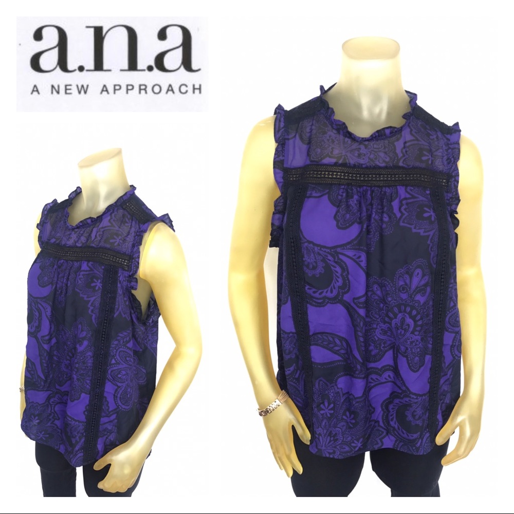A.N.A. Sleeveless Purple Paisley Ruffled Blouse